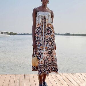 NWT Farm Rio FLOWER FAN TAPESTRY OFF-WHITE MIDI DRESS